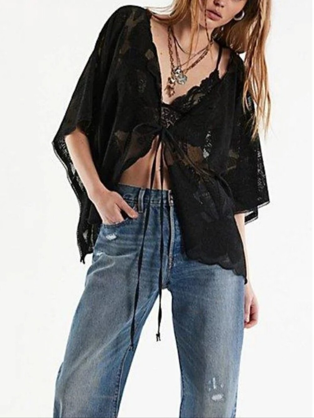 Free People Tie Front Willow Cape Kimono Coverup Floral
